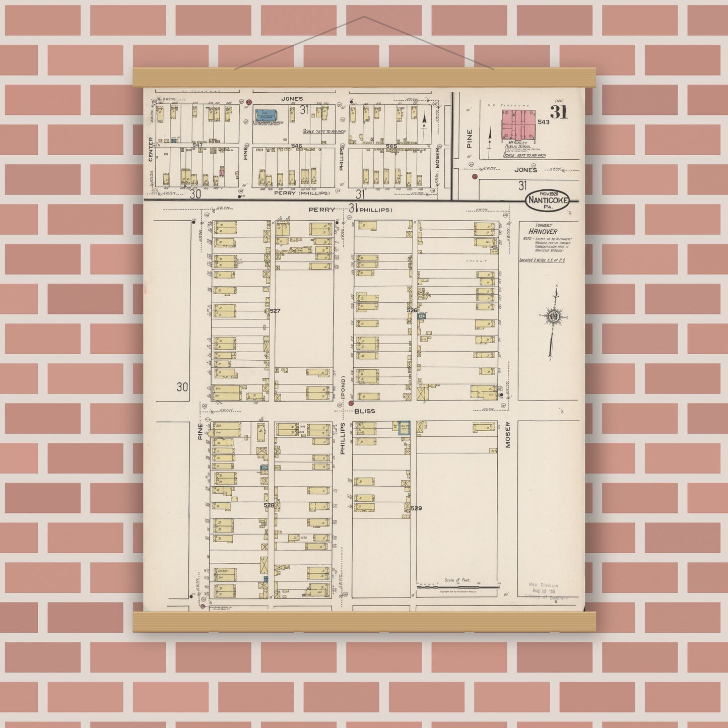 Old map wall art mockup — magnetic wood frame on brick wall — Sanborn Fire Insurance Map from Nanticoke, Luzerne County, Pennsylvania (1920), Sheet #0031
