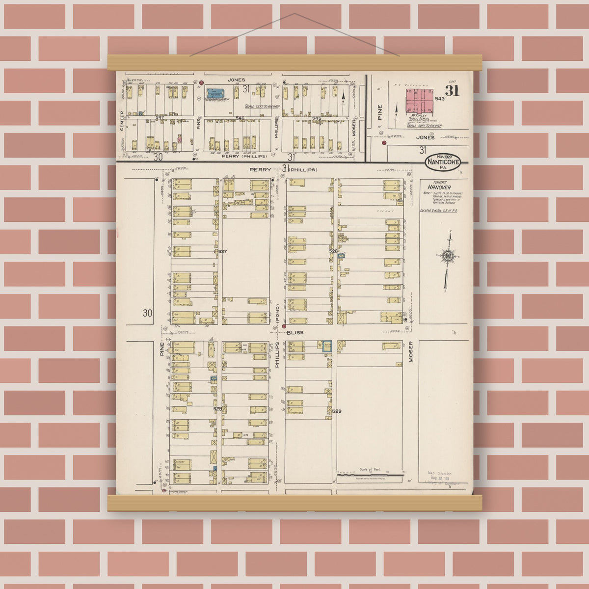 Old map wall art mockup — magnetic wood frame on brick wall — Sanborn Fire Insurance Map from Nanticoke, Luzerne County, Pennsylvania (1920), Sheet #0031