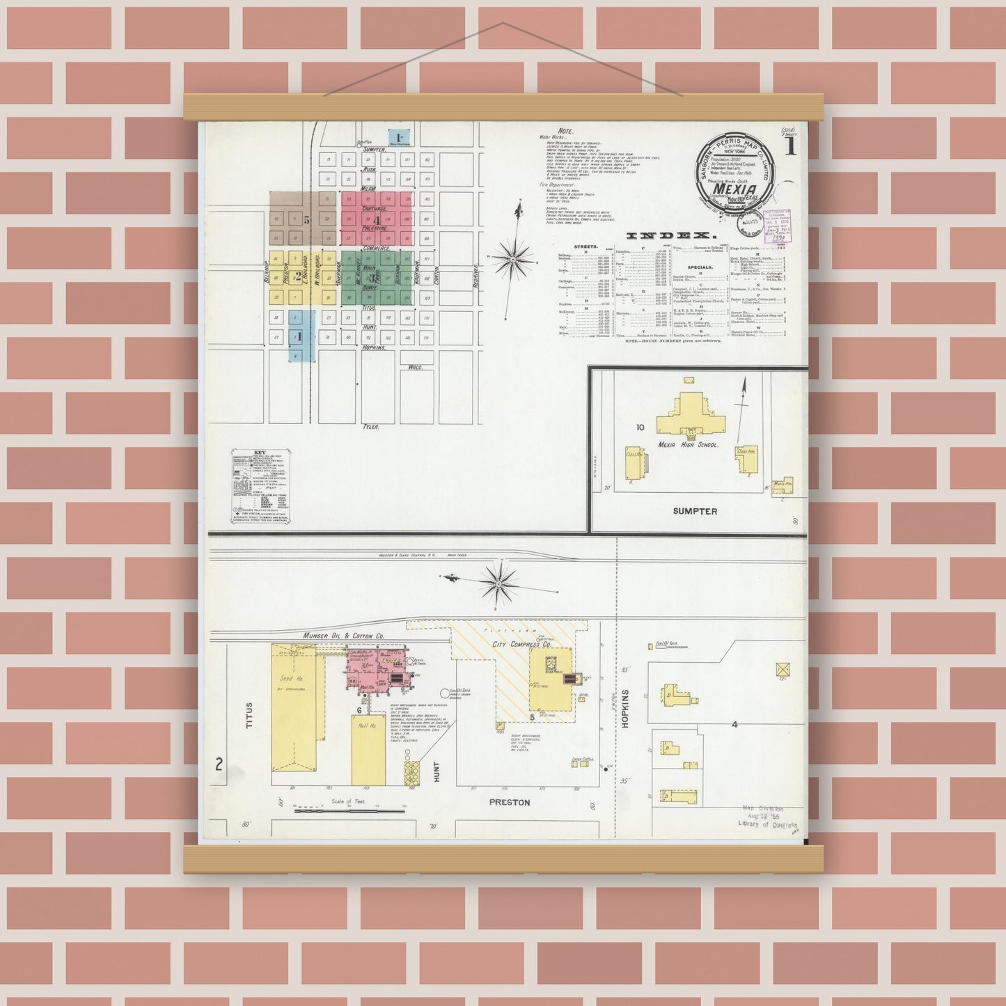 Old map wall art mockup — magnetic wood frame on brick wall — Sanborn Fire Insurance Map from Mexia, Limestone County, Texas (1901), Sheet #0001