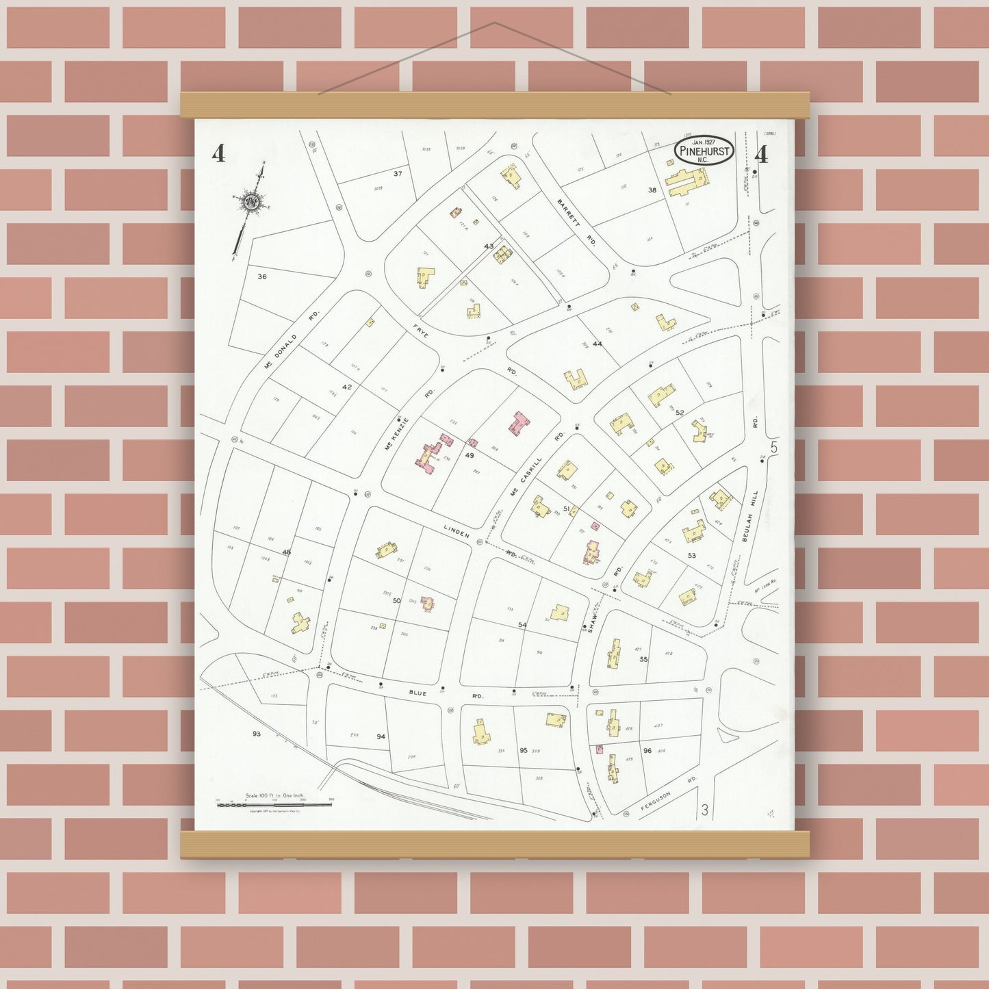 Old map wall art mockup — magnetic wood frame on brick wall — Sanborn Fire Insurance Map from Pinehurst, Moore County, North Carolina (1927), Sheet #0004