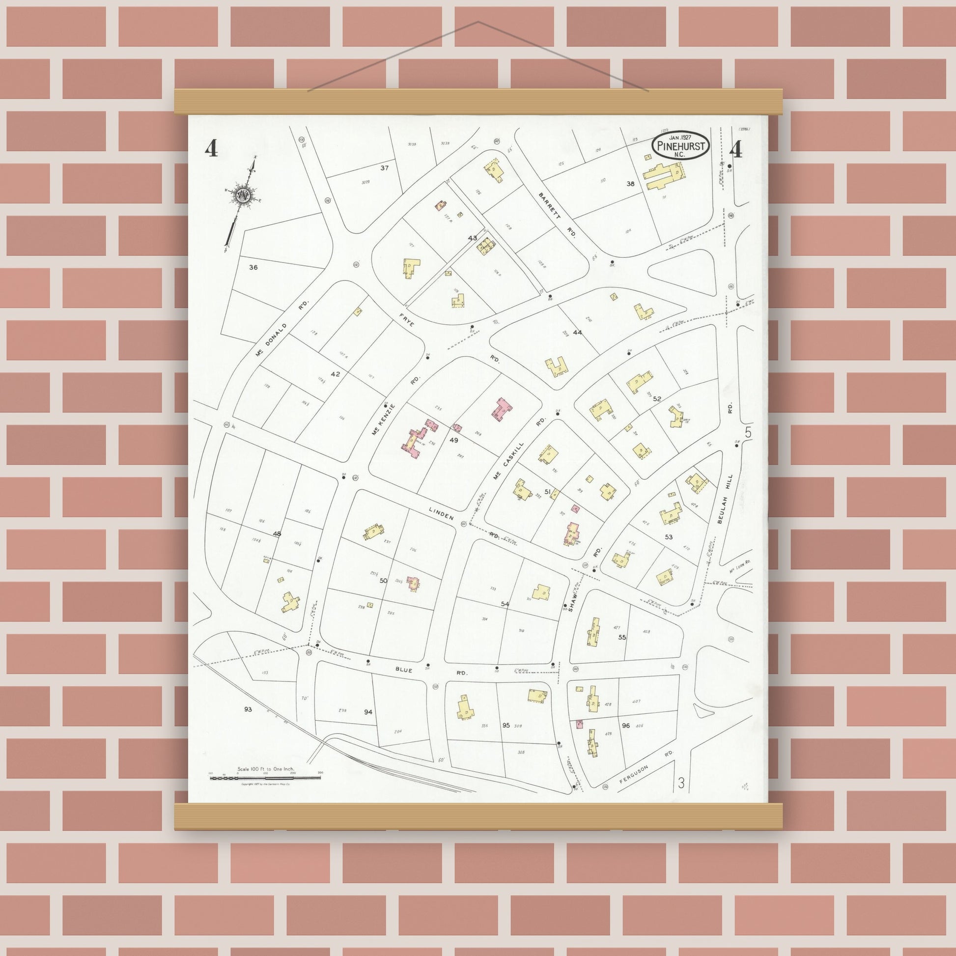 Old map wall art mockup — magnetic wood frame on brick wall — Sanborn Fire Insurance Map from Pinehurst, Moore County, North Carolina (1927), Sheet #0004