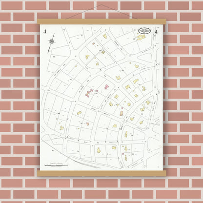Old map wall art mockup — magnetic wood frame on brick wall — Sanborn Fire Insurance Map from Pinehurst, Moore County, North Carolina (1927), Sheet #0004
