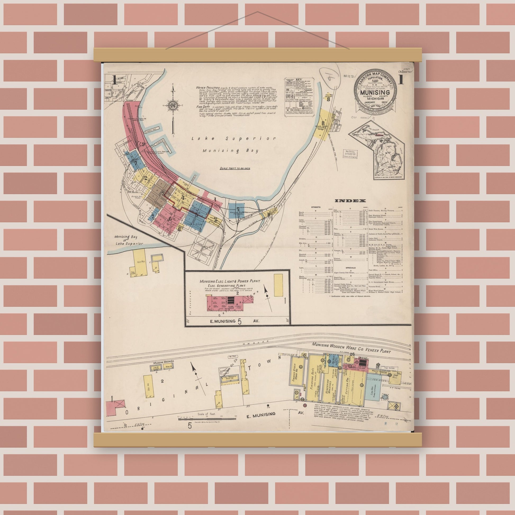 Old map wall art mockup — magnetic wood frame on brick wall — Sanborn Fire Insurance Map from Munising, Alger County, Michigan (1923), Sheet #0001