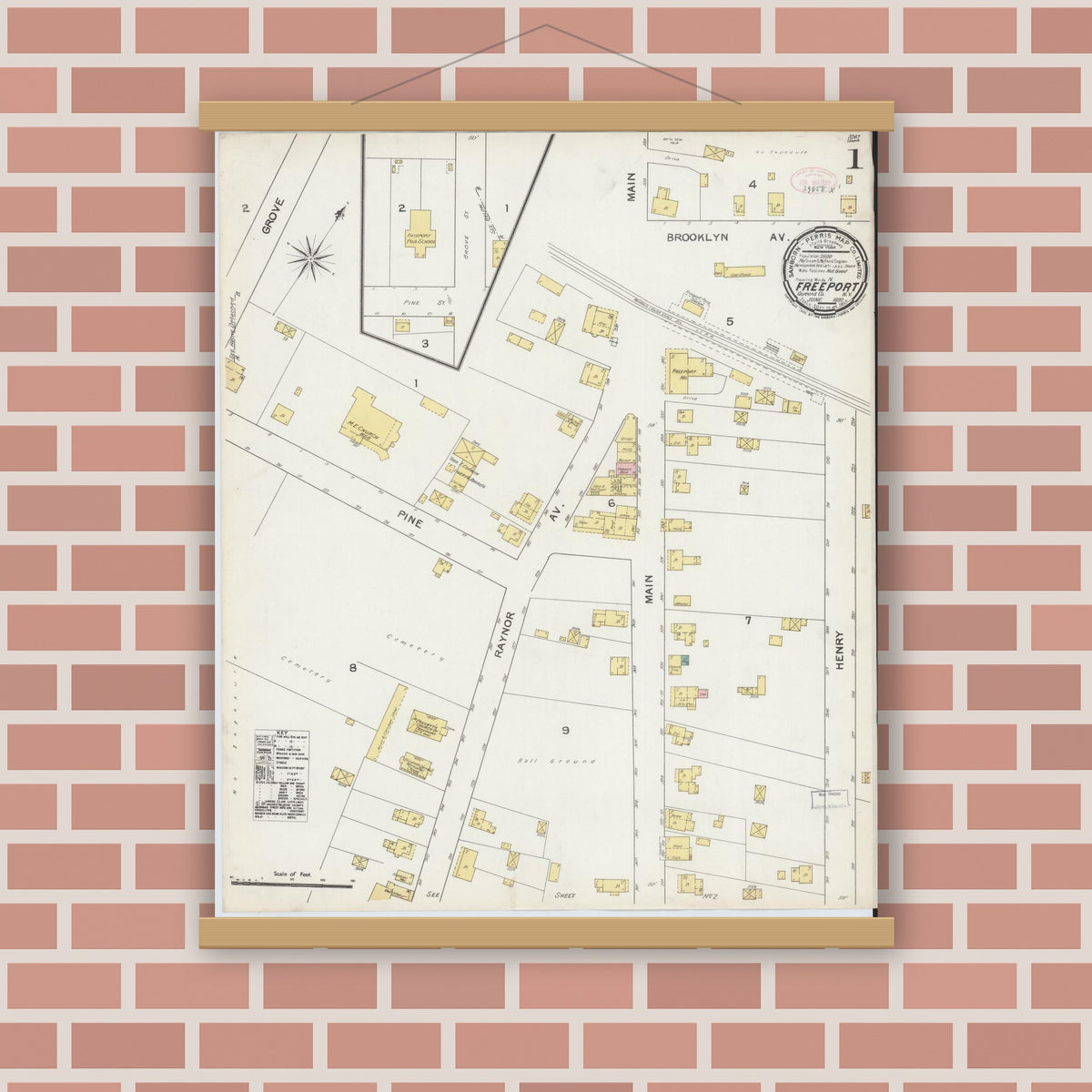 Old map wall art mockup — magnetic wood frame on brick wall — Sanborn Fire Insurance Map from Freeport, Nassau County, New York (1892) - Complete Map Set