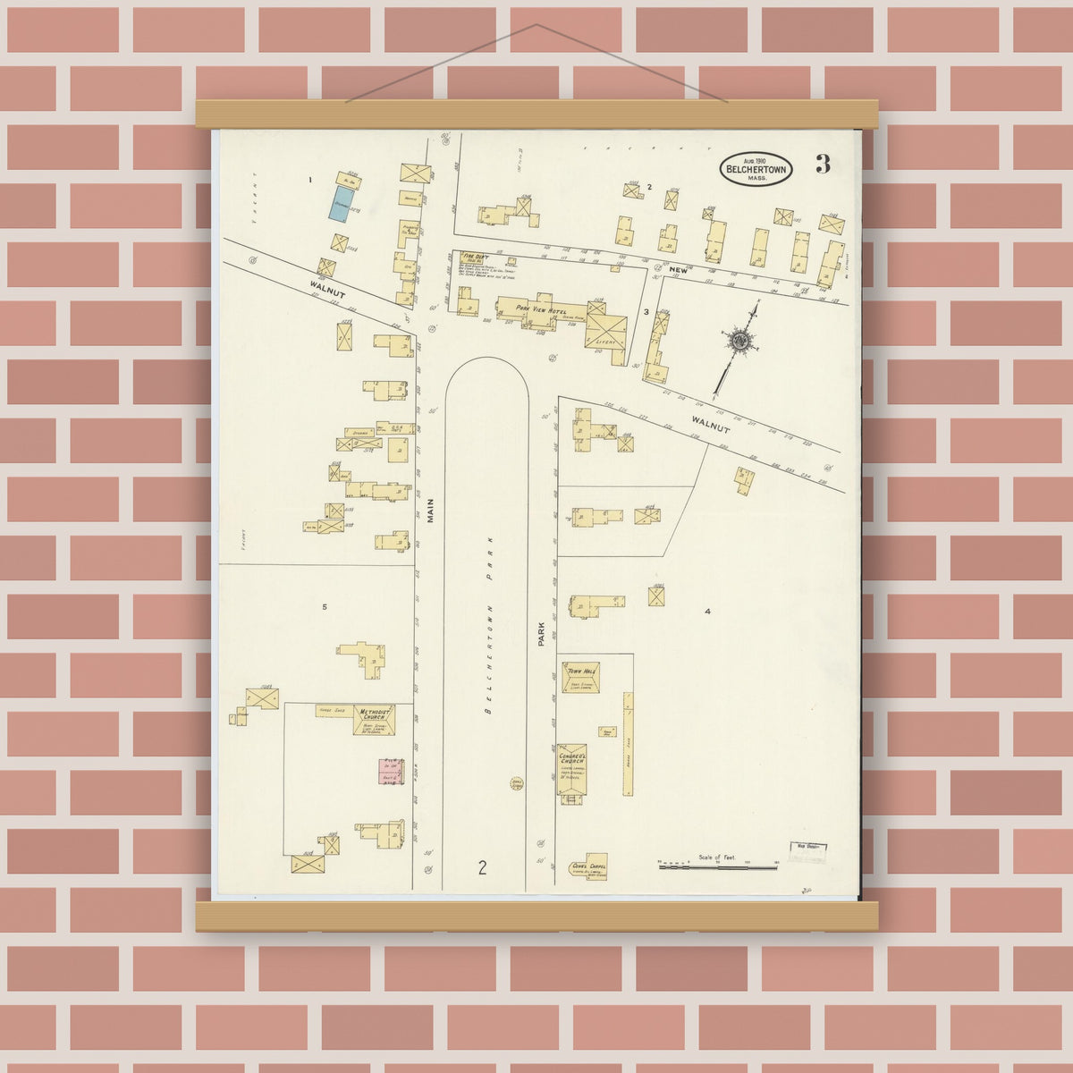 Old map wall art mockup — magnetic wood frame on brick wall — Sanborn Fire Insurance Map from Belchertown, Hampshire County, Massachusetts (1910), Sheet #0003