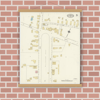 Old map wall art mockup — magnetic wood frame on brick wall — Sanborn Fire Insurance Map from Belchertown, Hampshire County, Massachusetts (1910), Sheet #0003