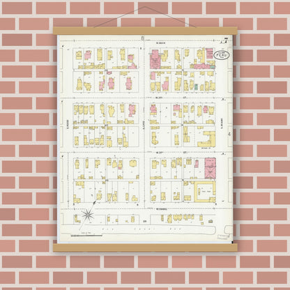 Old map wall art mockup — magnetic wood frame on brick wall — Sanborn Fire Insurance Map from Peru, Miami County, Indiana (1899), Sheet #0007