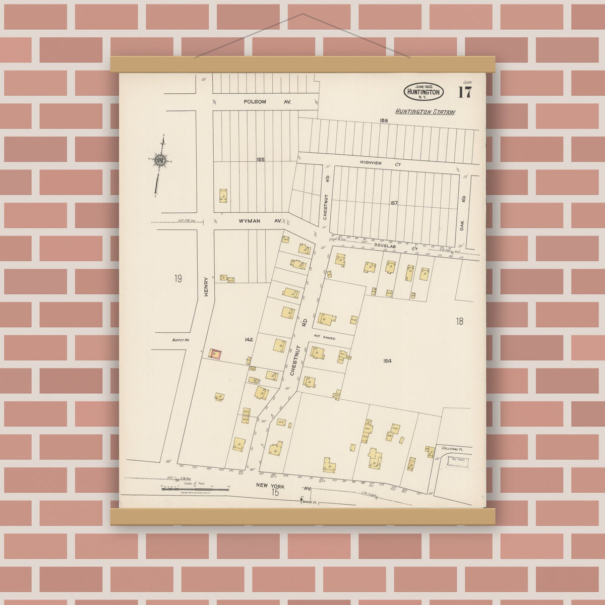 Old map wall art mockup — magnetic wood frame on brick wall — Sanborn Fire Insurance Map from Huntington, Suffolk County, New York (1922), Sheet #0017