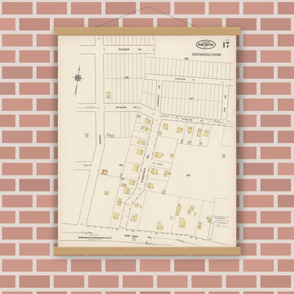 Old map wall art mockup — magnetic wood frame on brick wall — Sanborn Fire Insurance Map from Huntington, Suffolk County, New York (1922), Sheet #0017