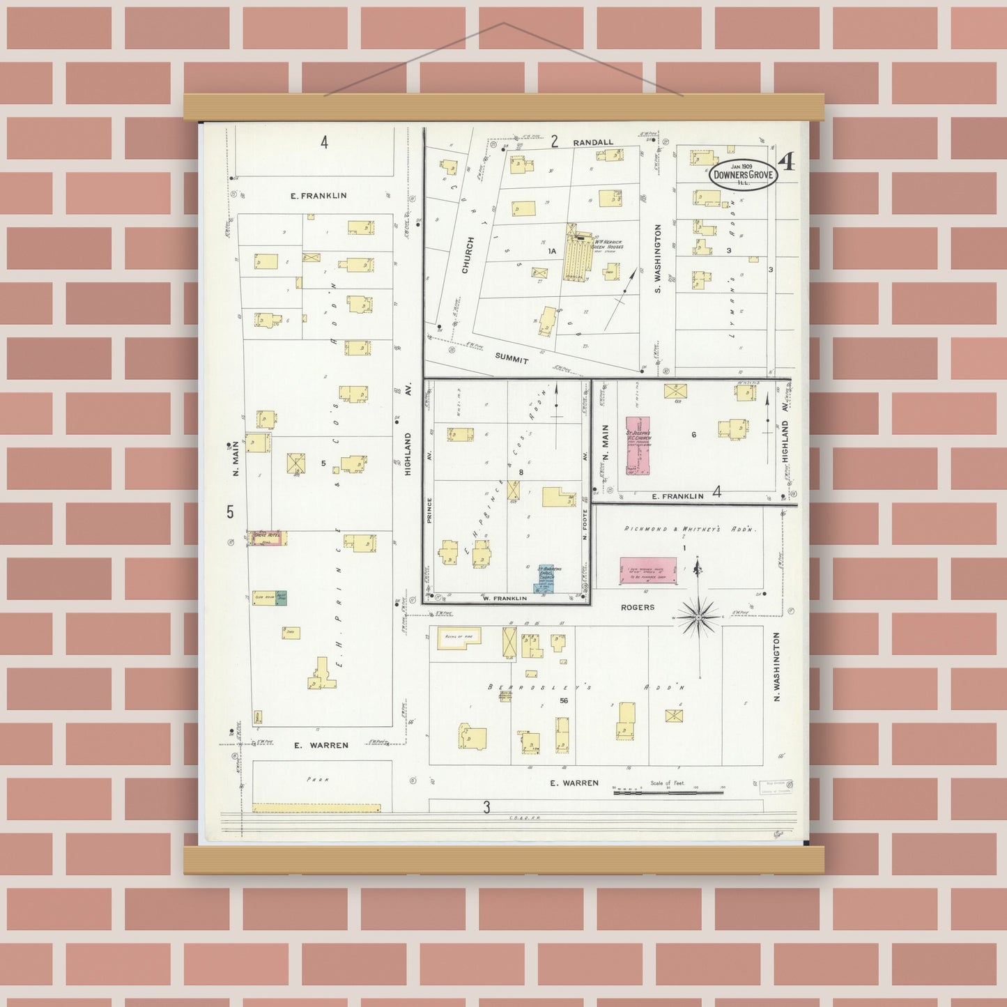 Old map wall art mockup — magnetic wood frame on brick wall — Sanborn Fire Insurance Map from Downers Grove, Dupage County, Illinois (1909), Sheet #0004