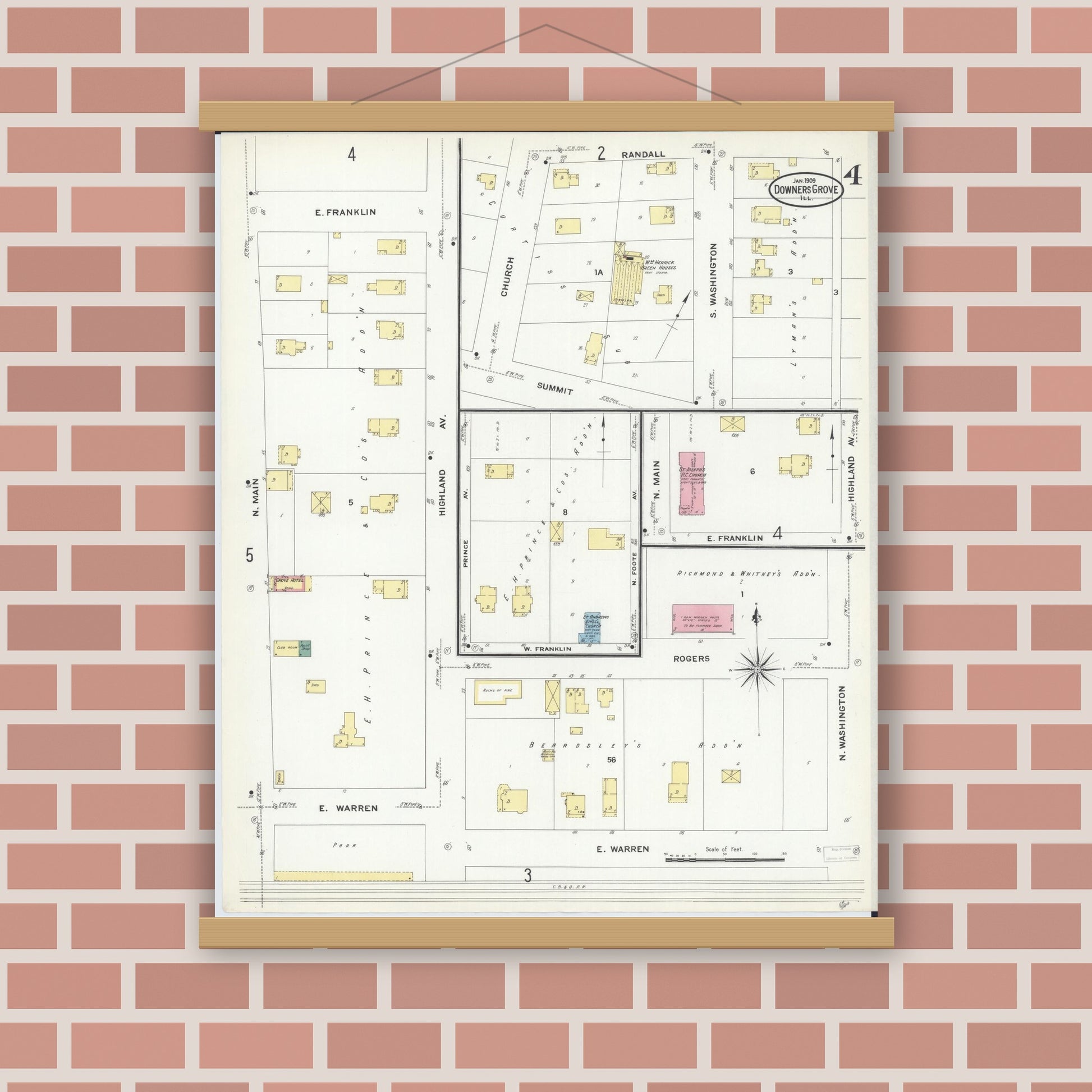 Old map wall art mockup — magnetic wood frame on brick wall — Sanborn Fire Insurance Map from Downers Grove, Dupage County, Illinois (1909), Sheet #0004