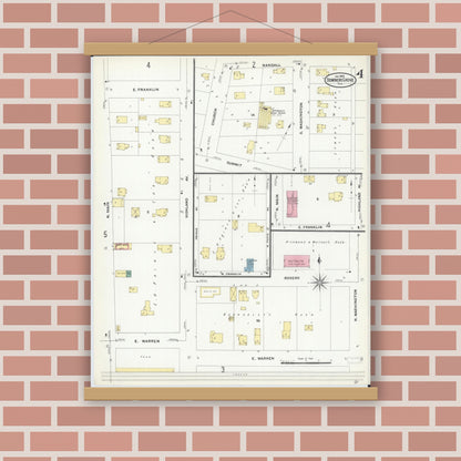Old map wall art mockup — magnetic wood frame on brick wall — Sanborn Fire Insurance Map from Downers Grove, Dupage County, Illinois (1909), Sheet #0004