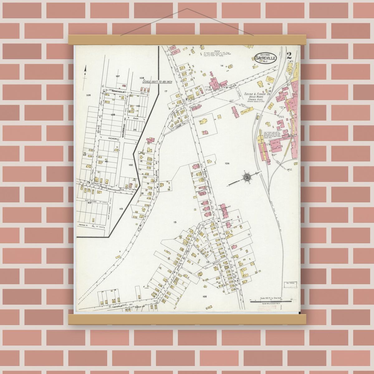Old map wall art mockup — magnetic wood frame on brick wall — Sanborn Fire Insurance Map from Sayreville, Middlesex County, New Jersey (1920), Sheet #0002