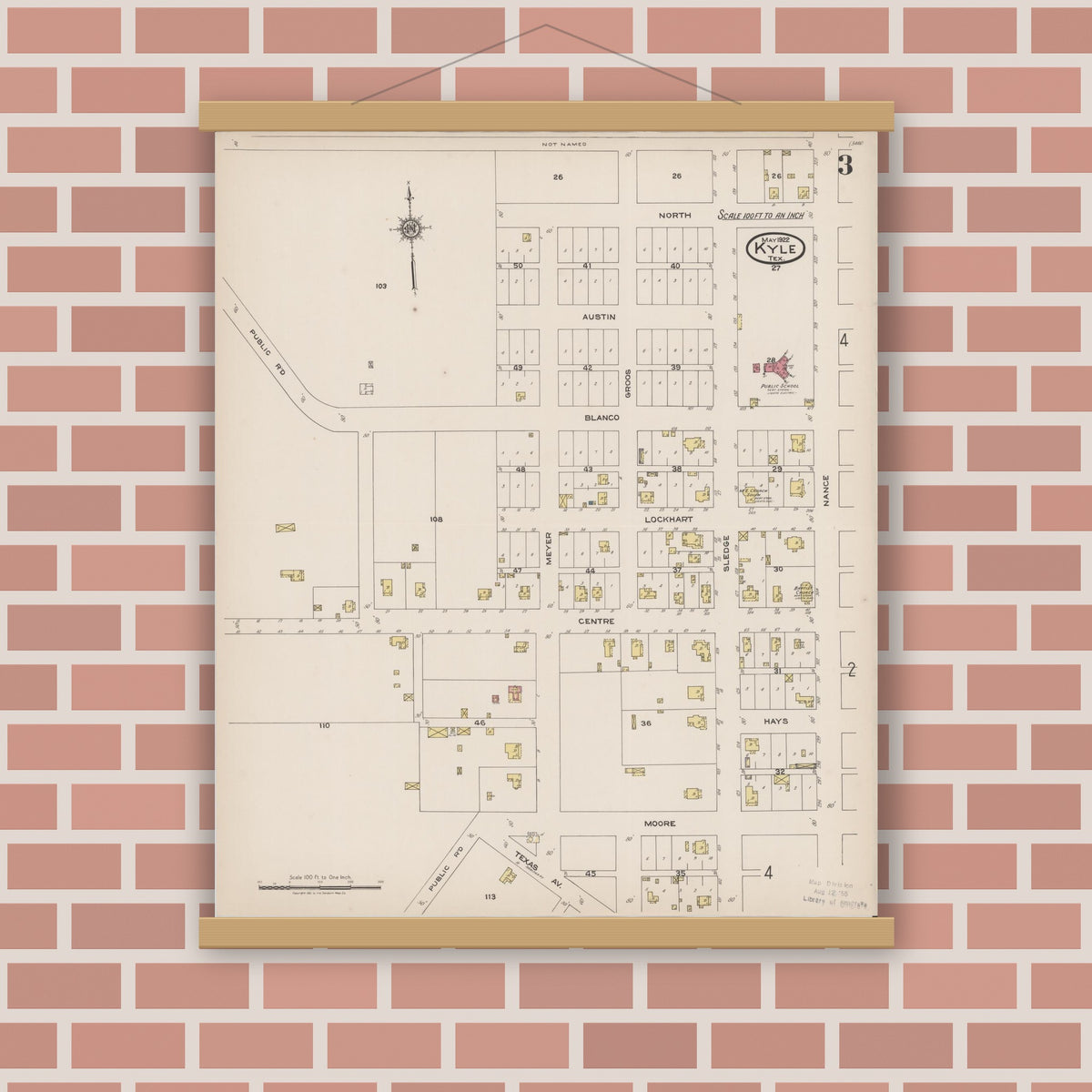Old map wall art mockup — magnetic wood frame on brick wall — Sanborn Fire Insurance Map from Kyle, Hays County, Texas (1922), Sheet #0003