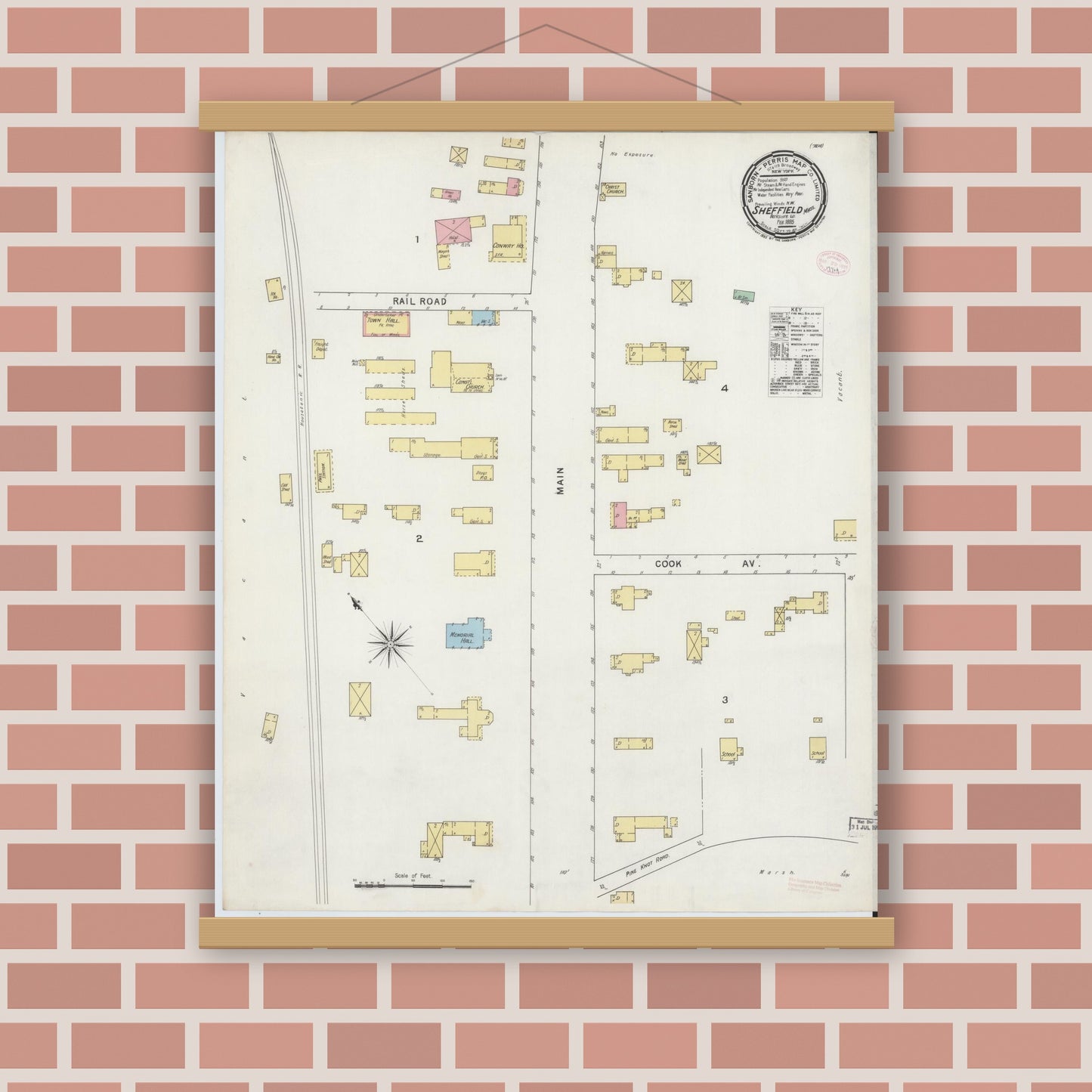 Old map wall art mockup — magnetic wood frame on brick wall — Sanborn Fire Insurance Map from Sheffield, Berkshire County, Massachusetts (1895), Sheet #0001