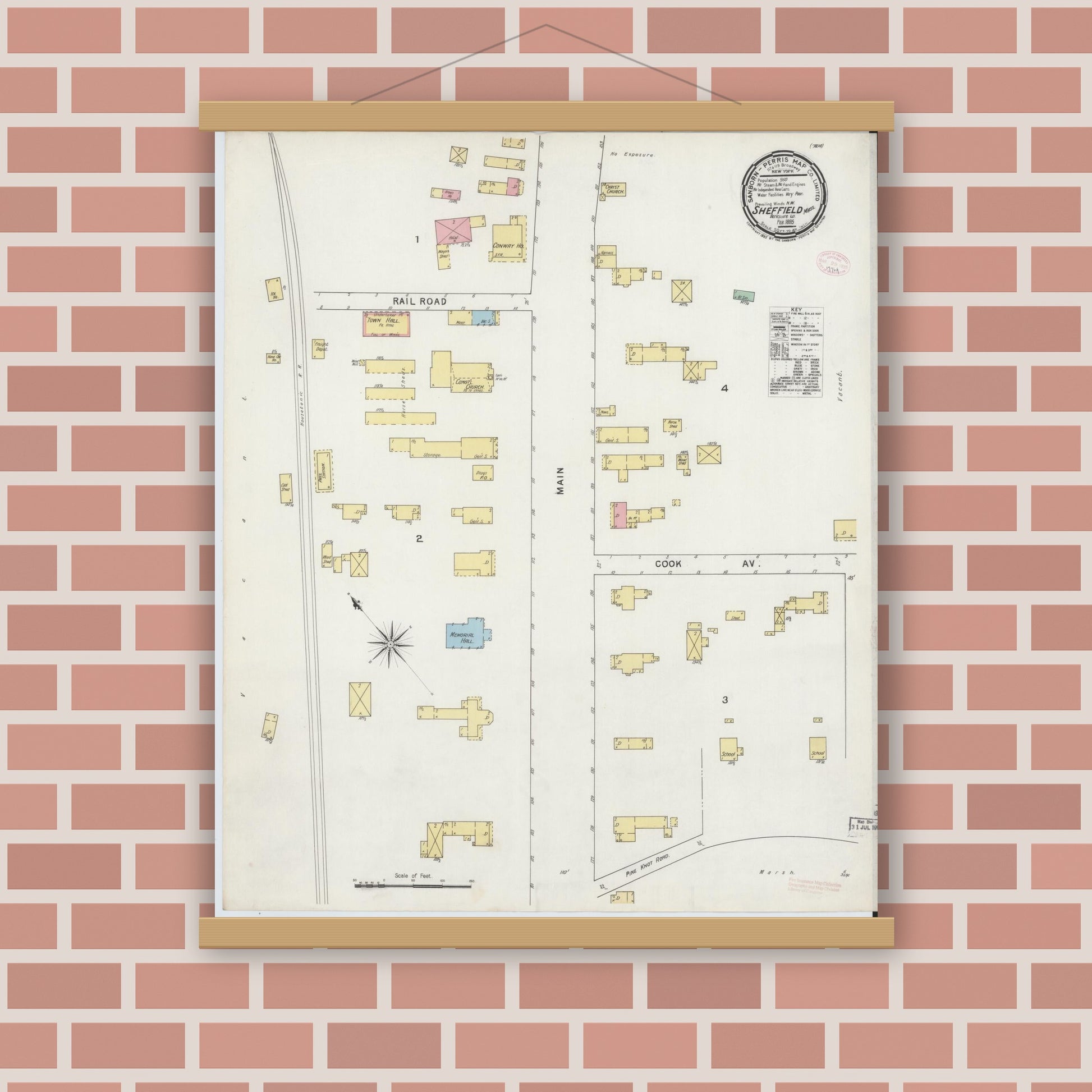 Old map wall art mockup — magnetic wood frame on brick wall — Sanborn Fire Insurance Map from Sheffield, Berkshire County, Massachusetts (1895), Sheet #0001
