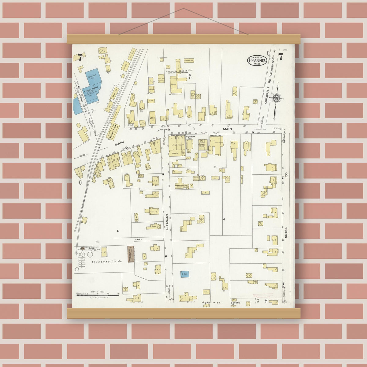 Old map wall art mockup — magnetic wood frame on brick wall — Sanborn Fire Insurance Map from Hyannis, Barnstable County, Massachusetts (1924), Sheet #0007