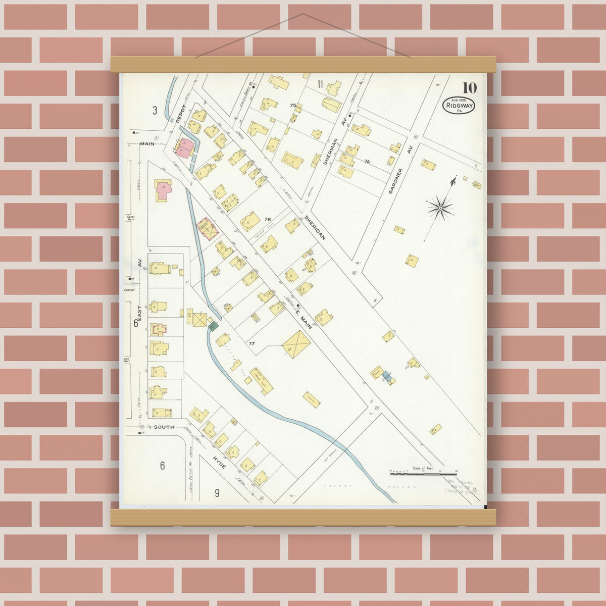 Old map wall art mockup — magnetic wood frame on brick wall — Sanborn Fire Insurance Map from Ridgway, Elk County, Pennsylvania (1909), Sheet #0010
