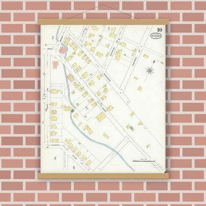 Old map wall art mockup — magnetic wood frame on brick wall — Sanborn Fire Insurance Map from Ridgway, Elk County, Pennsylvania (1909), Sheet #0010
