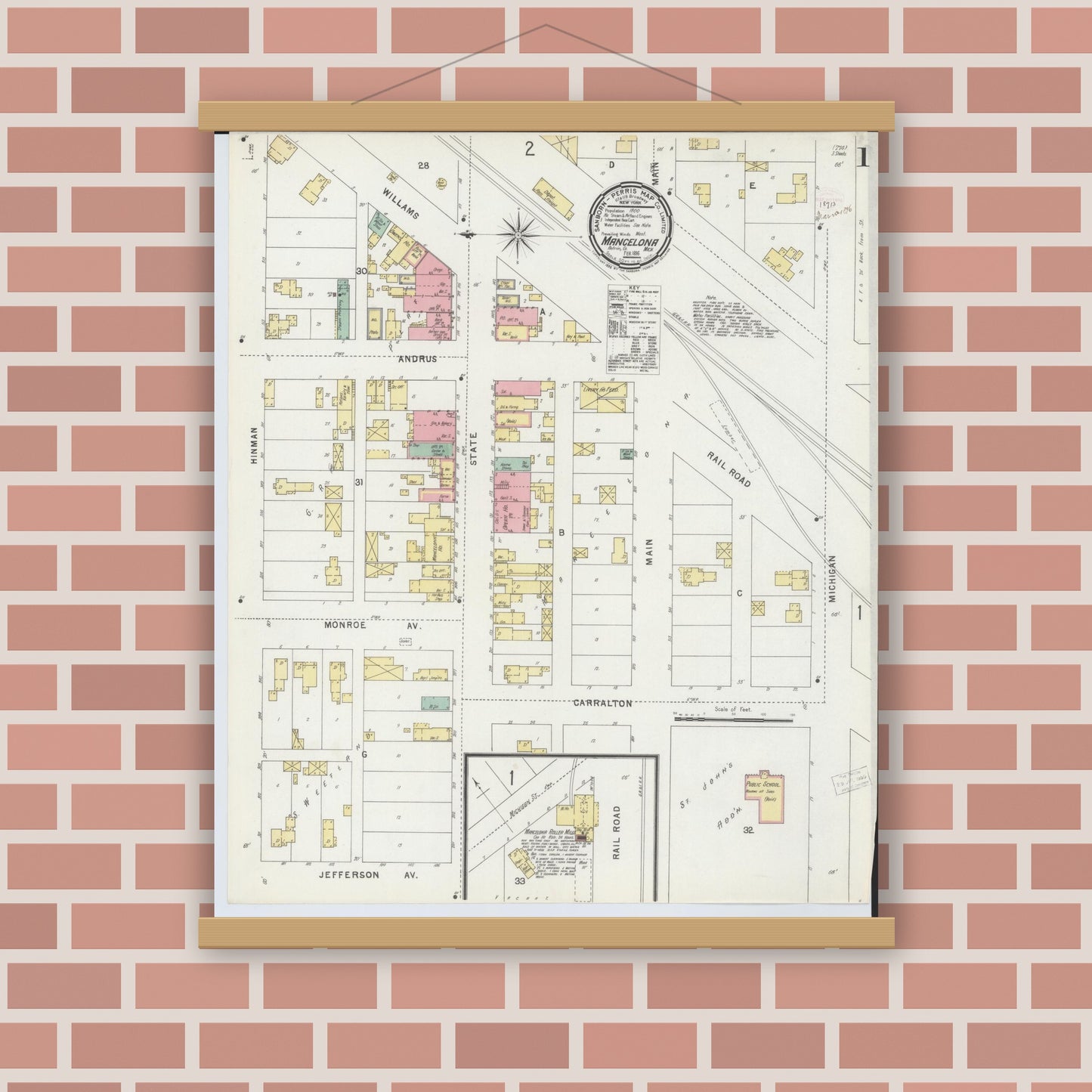 Old map wall art mockup — magnetic wood frame on brick wall — Sanborn Fire Insurance Map from Mancelona, Antrim County, Michigan (1896) - Complete Map Set