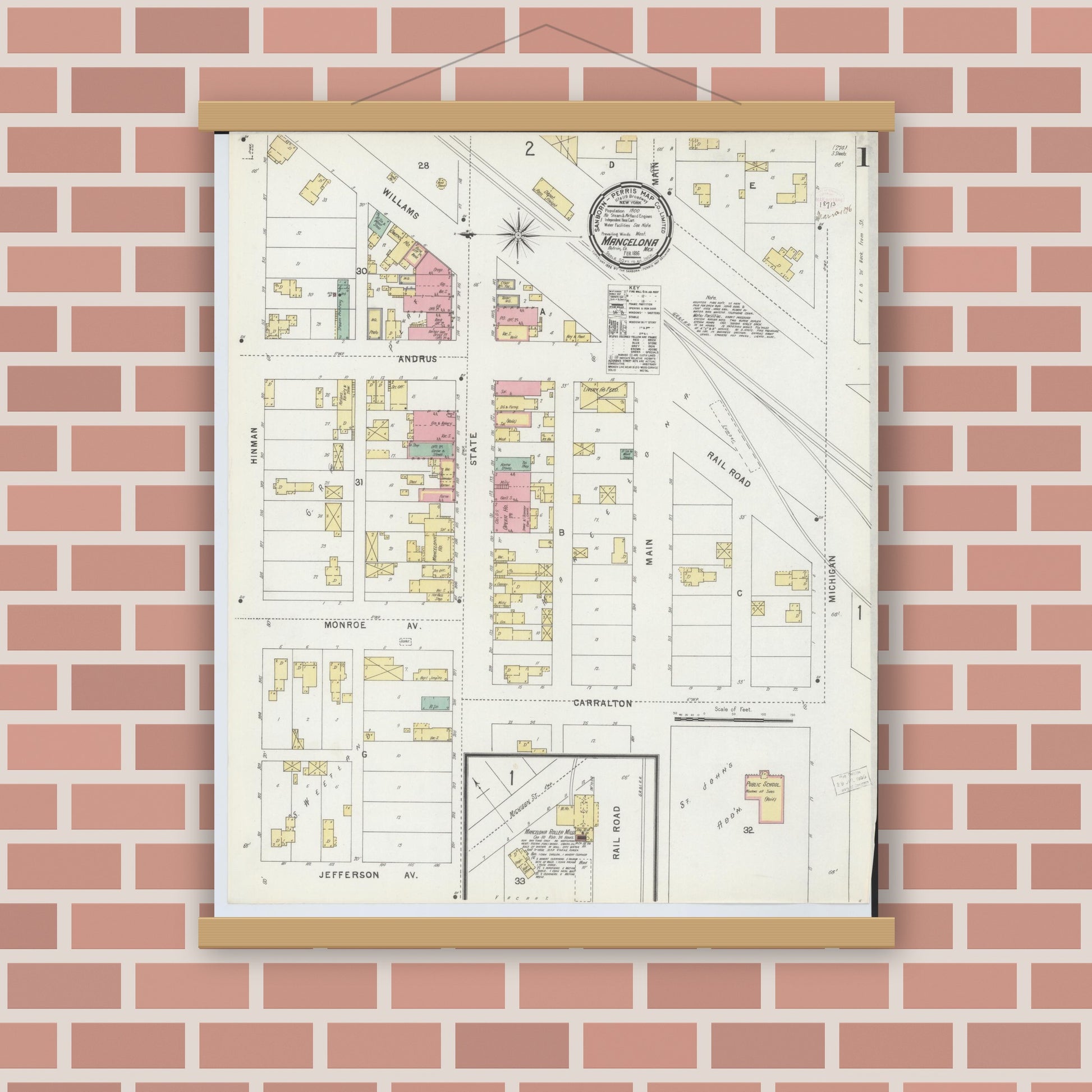 Old map wall art mockup — magnetic wood frame on brick wall — Sanborn Fire Insurance Map from Mancelona, Antrim County, Michigan (1896) - Complete Map Set