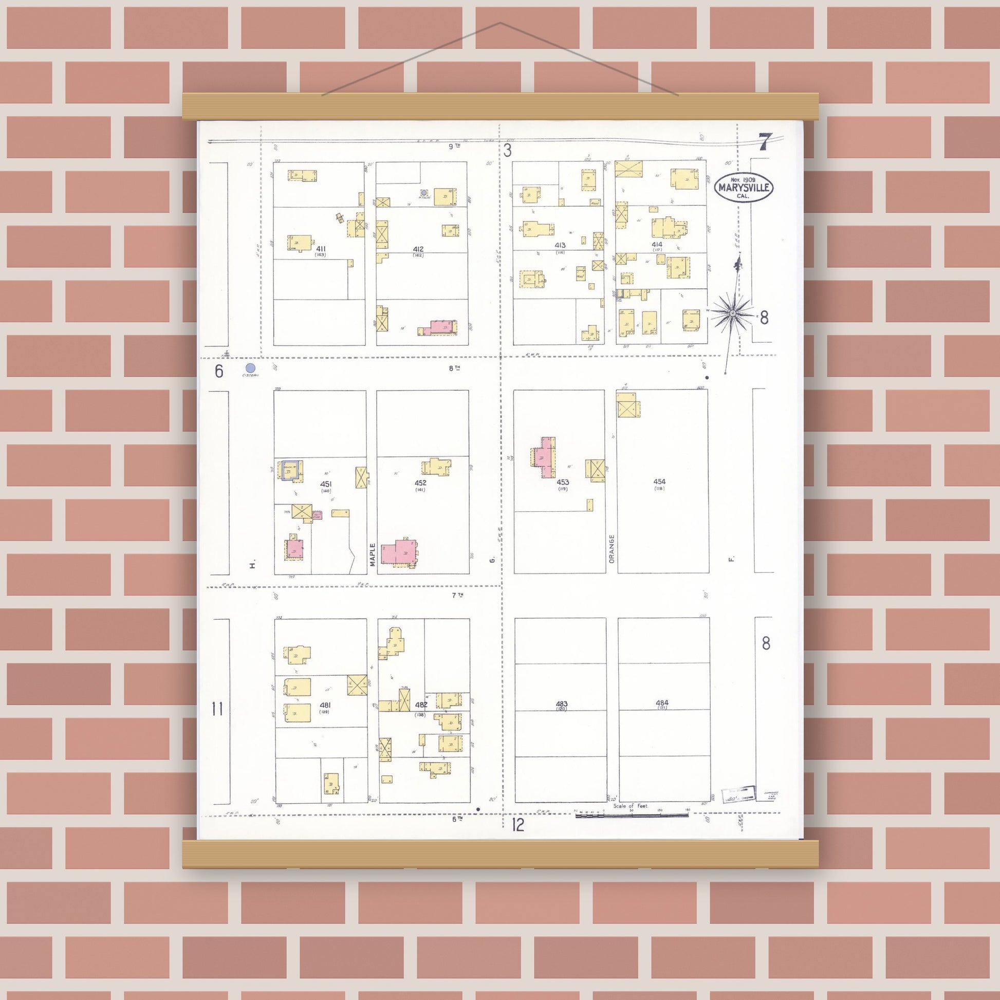 Old map wall art mockup — magnetic wood frame on brick wall — Sanborn Fire Insurance Map from Marysville, Yuba County, California (1909), Sheet #0007