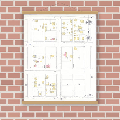 Old map wall art mockup — magnetic wood frame on brick wall — Sanborn Fire Insurance Map from Marysville, Yuba County, California (1909), Sheet #0007