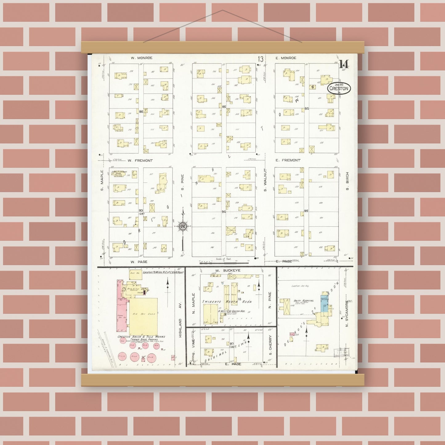 Old map wall art mockup — magnetic wood frame on brick wall — Sanborn Fire Insurance Map from Creston, Union County, Iowa (1913), Sheet #0014