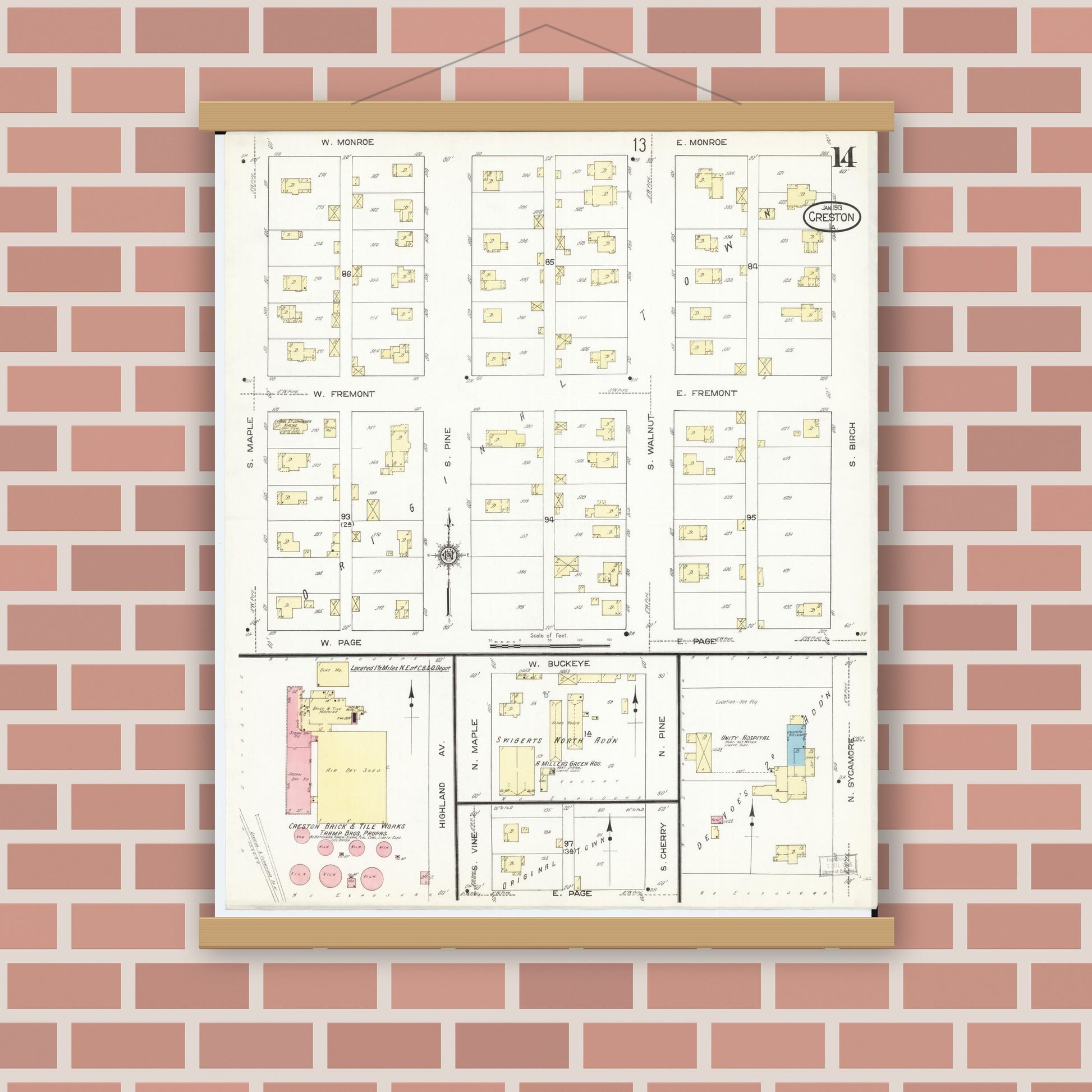 Old map wall art mockup — magnetic wood frame on brick wall — Sanborn Fire Insurance Map from Creston, Union County, Iowa (1913), Sheet #0014