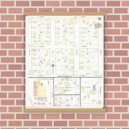 Old map wall art mockup — magnetic wood frame on brick wall — Sanborn Fire Insurance Map from Creston, Union County, Iowa (1913), Sheet #0014