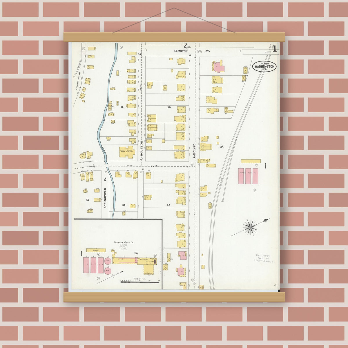 Old map wall art mockup — magnetic wood frame on brick wall — Sanborn Fire Insurance Map from Washington, Washington County, Pennsylvania (1904), Sheet #0001