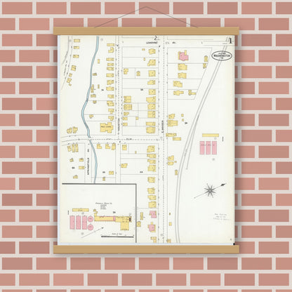 Old map wall art mockup — magnetic wood frame on brick wall — Sanborn Fire Insurance Map from Washington, Washington County, Pennsylvania (1904), Sheet #0001