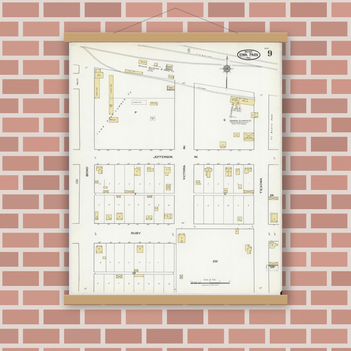 Old map wall art mockup — magnetic wood frame on brick wall — Sanborn Fire Insurance Map from Iowa Park, Wichita County, Texas (1921), Sheet #0009