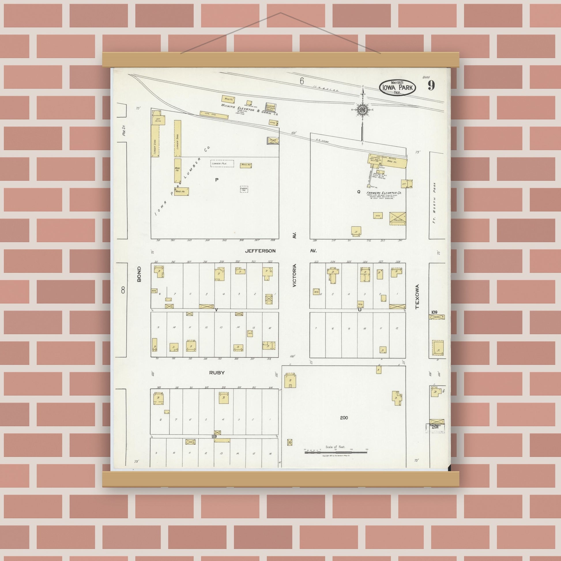 Old map wall art mockup — magnetic wood frame on brick wall — Sanborn Fire Insurance Map from Iowa Park, Wichita County, Texas (1921), Sheet #0009