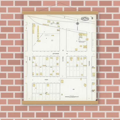 Old map wall art mockup — magnetic wood frame on brick wall — Sanborn Fire Insurance Map from Iowa Park, Wichita County, Texas (1921), Sheet #0009