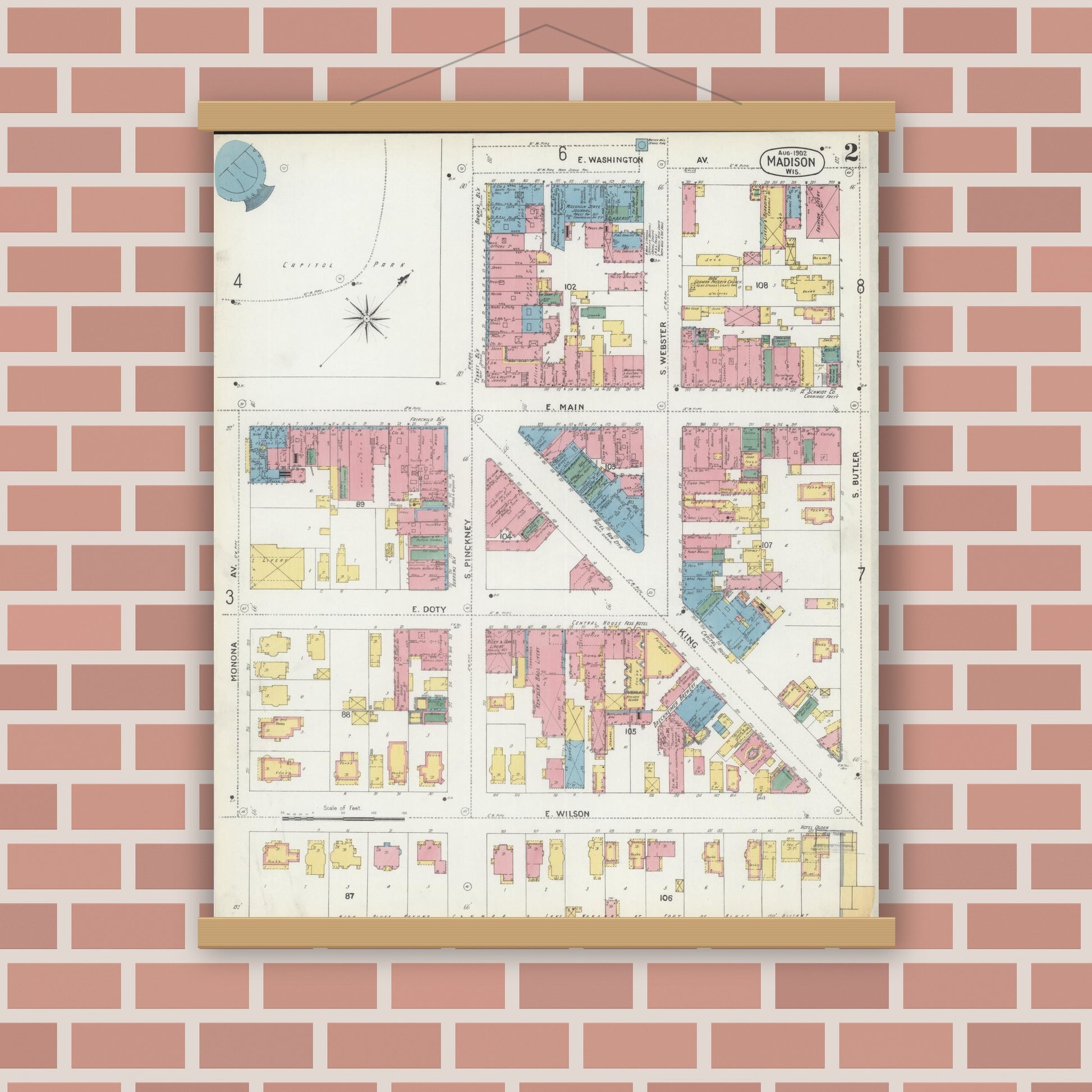 Old map wall art mockup — magnetic wood frame on brick wall — Sanborn Fire Insurance Map from Madison, Dane County, Wisconsin (1902), Sheet #0002