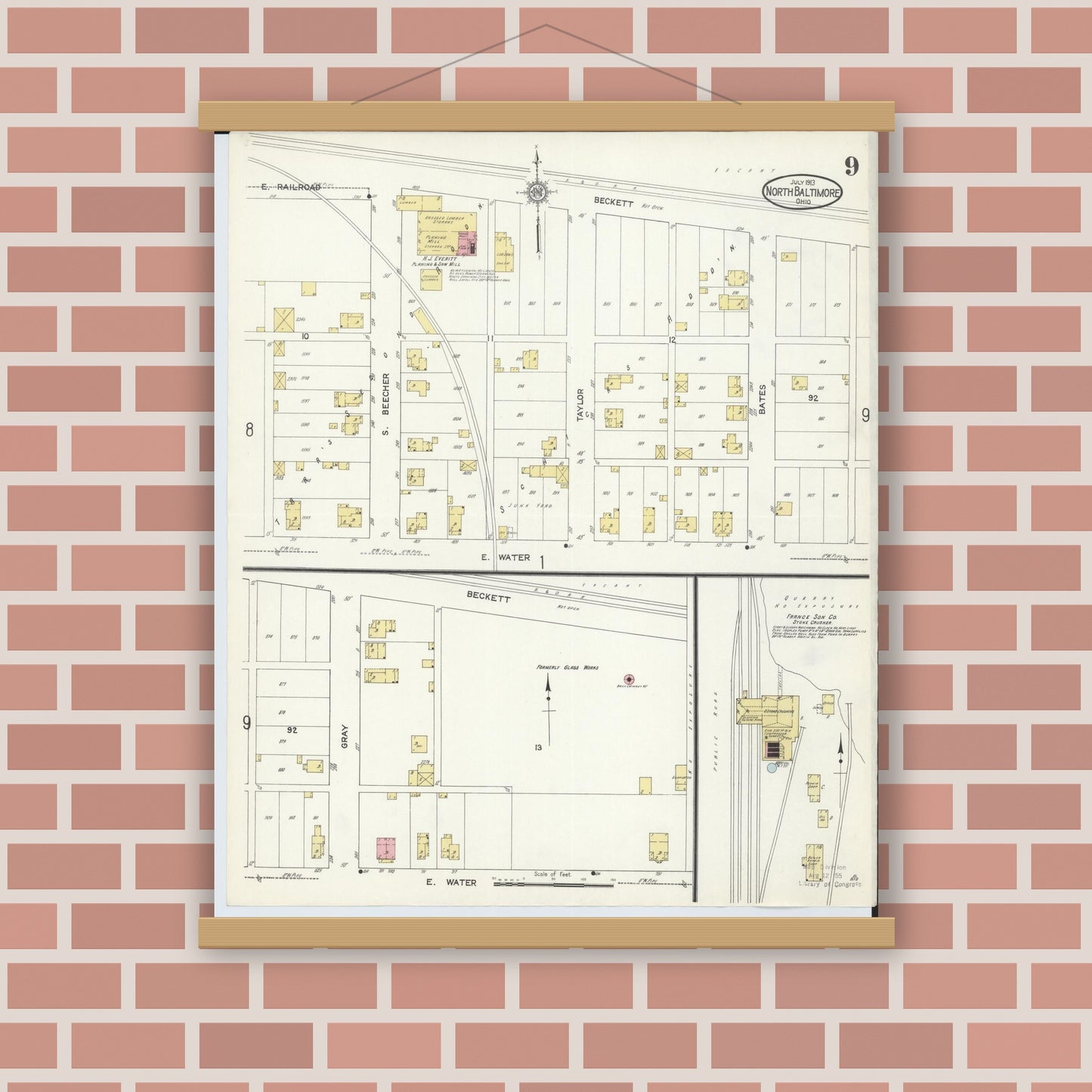 Old map wall art mockup — magnetic wood frame on brick wall — Sanborn Fire Insurance Map from North Baltimore, Wood County, Ohio (1913), Sheet #0009