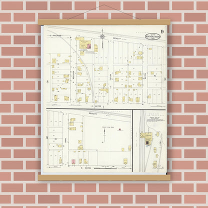 Old map wall art mockup — magnetic wood frame on brick wall — Sanborn Fire Insurance Map from North Baltimore, Wood County, Ohio (1913), Sheet #0009