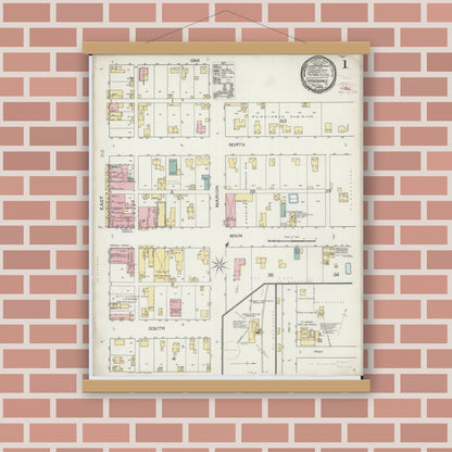 Old map wall art mockup — magnetic wood frame on brick wall — Sanborn Fire Insurance Map from Carbondale, Jackson County, Illinois (1893), Sheet #0001