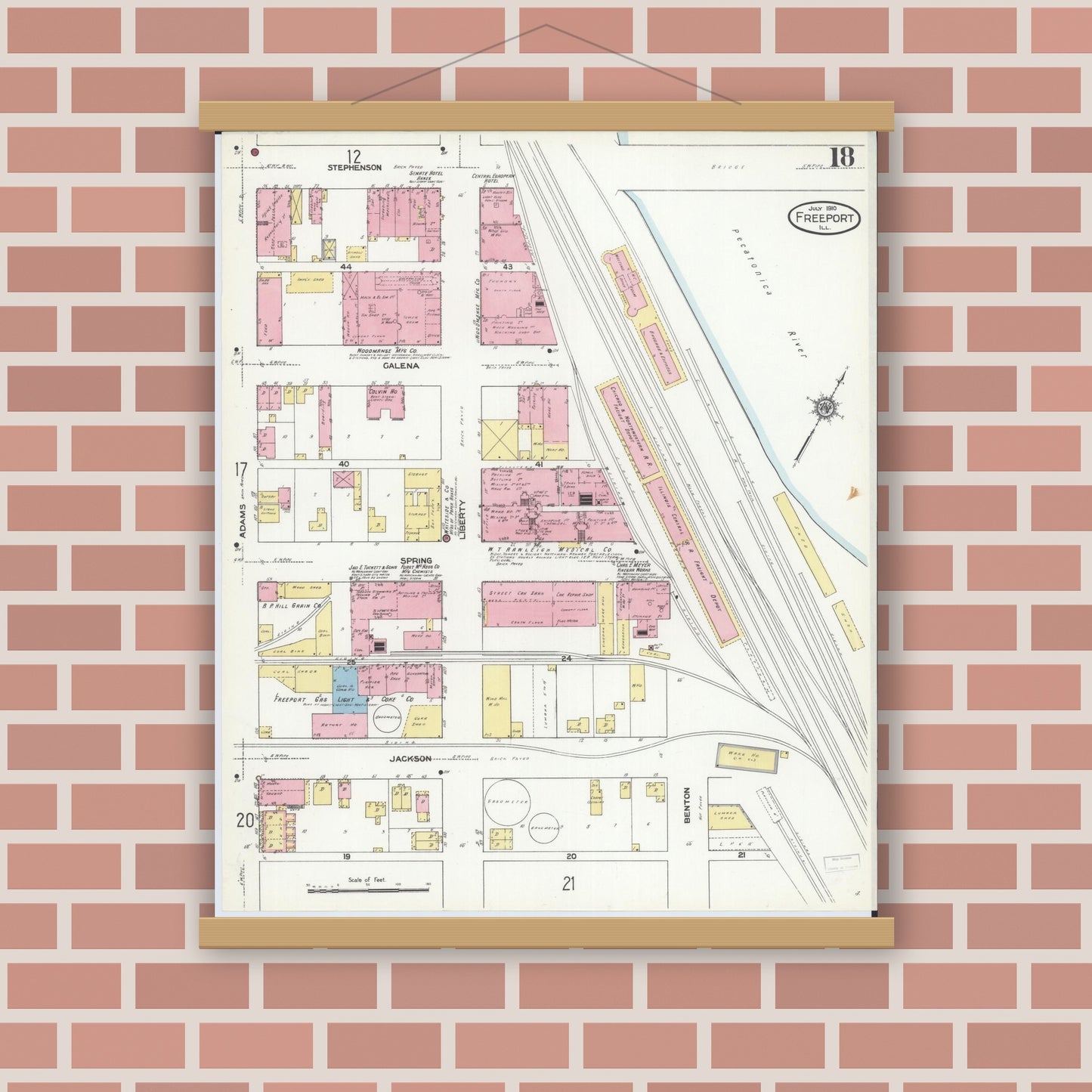 Old map wall art mockup — magnetic wood frame on brick wall — Sanborn Fire Insurance Map from Freeport, Stephenson County, Illinois (1910), Sheet #0018