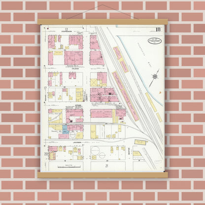 Old map wall art mockup — magnetic wood frame on brick wall — Sanborn Fire Insurance Map from Freeport, Stephenson County, Illinois (1910), Sheet #0018