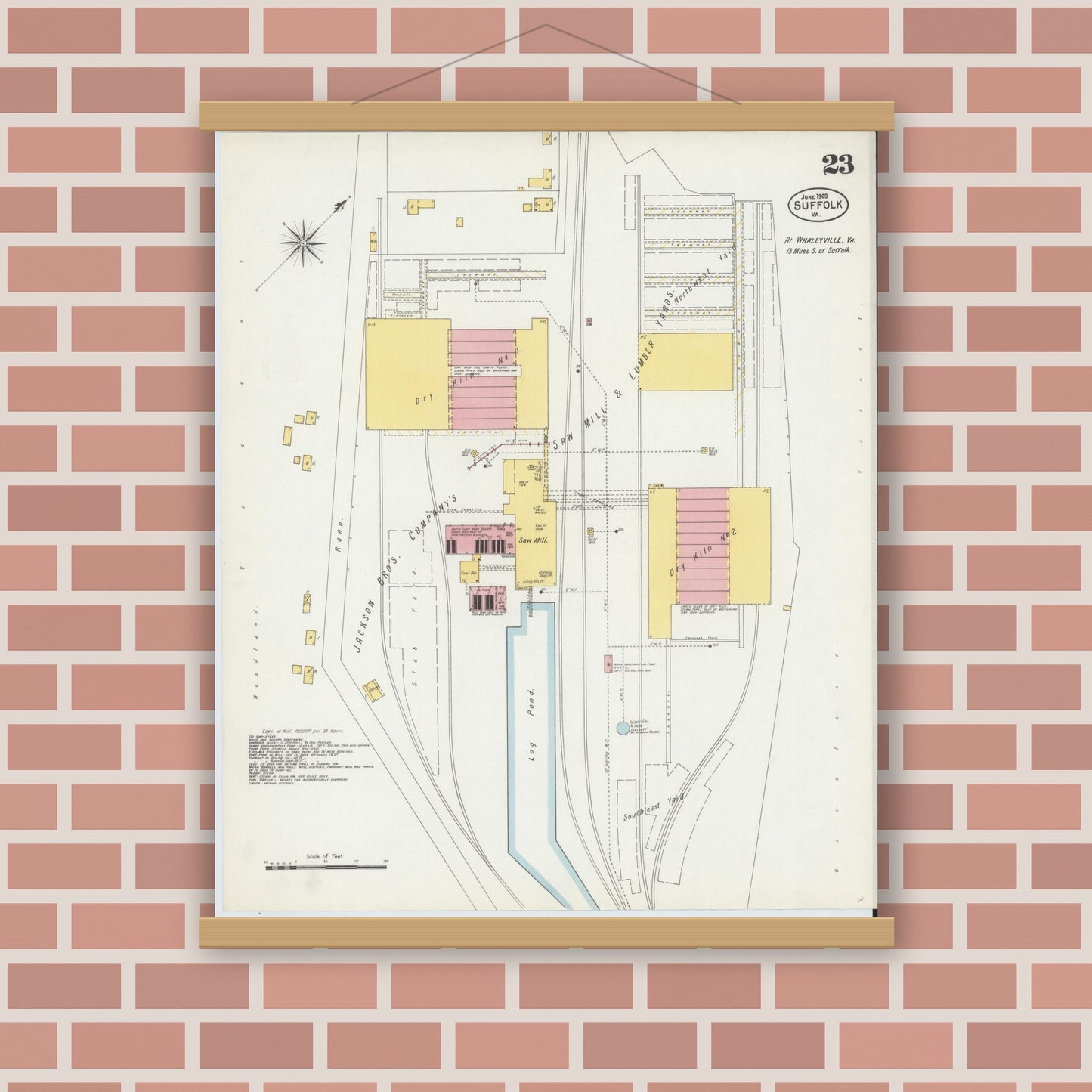 Old map wall art mockup — magnetic wood frame on brick wall — Sanborn Fire Insurance Map from Suffolk, Independent Cities, Virginia (1903), Sheet #0023