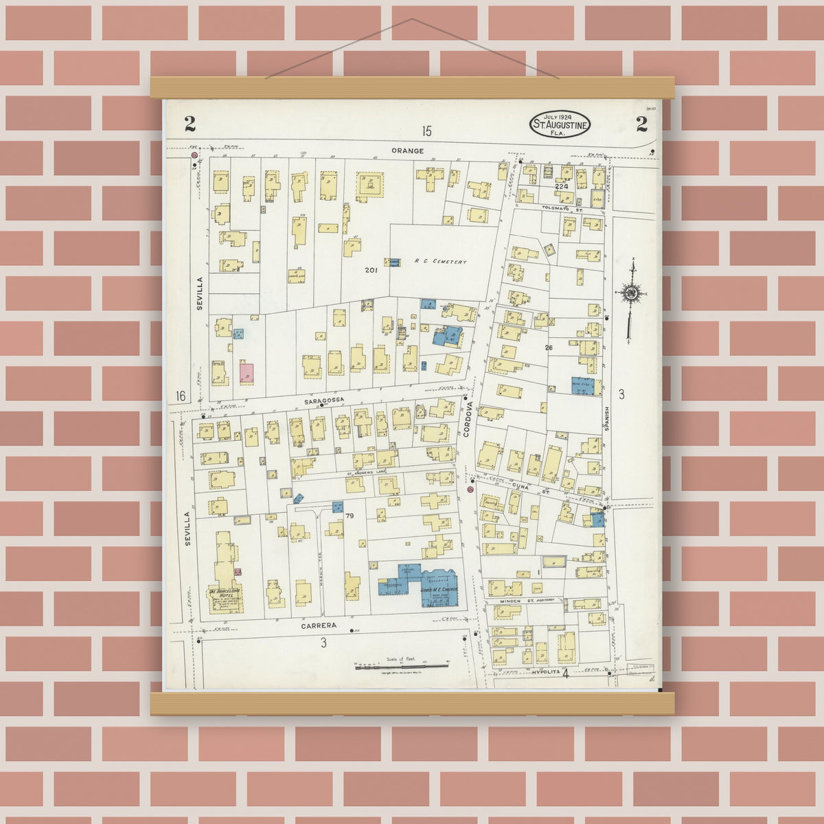 Old map wall art mockup — magnetic wood frame on brick wall — Sanborn Fire Insurance Map from Saint Augustine, Saint John's County, Florida (1924), Sheet #0002