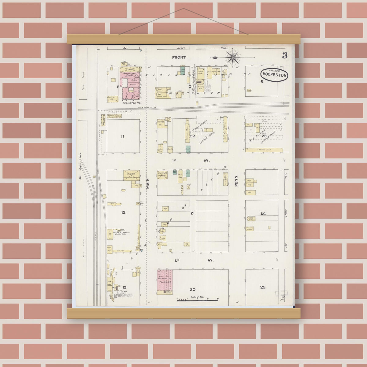 Old map wall art mockup — magnetic wood frame on brick wall — Sanborn Fire Insurance Map from Hoopeston, Vermilion County, Illinois (1890), Sheet #0003
