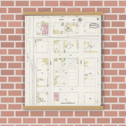 Old map wall art mockup — magnetic wood frame on brick wall — Sanborn Fire Insurance Map from Hoopeston, Vermilion County, Illinois (1890), Sheet #0003