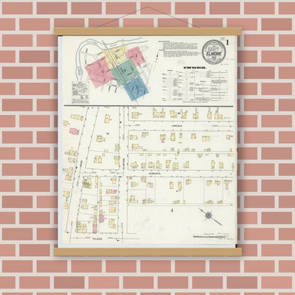 Old map wall art mockup — magnetic wood frame on brick wall — Sanborn Fire Insurance Map from Elmore, Ottawa County, Ohio (1910) - Complete Map Set