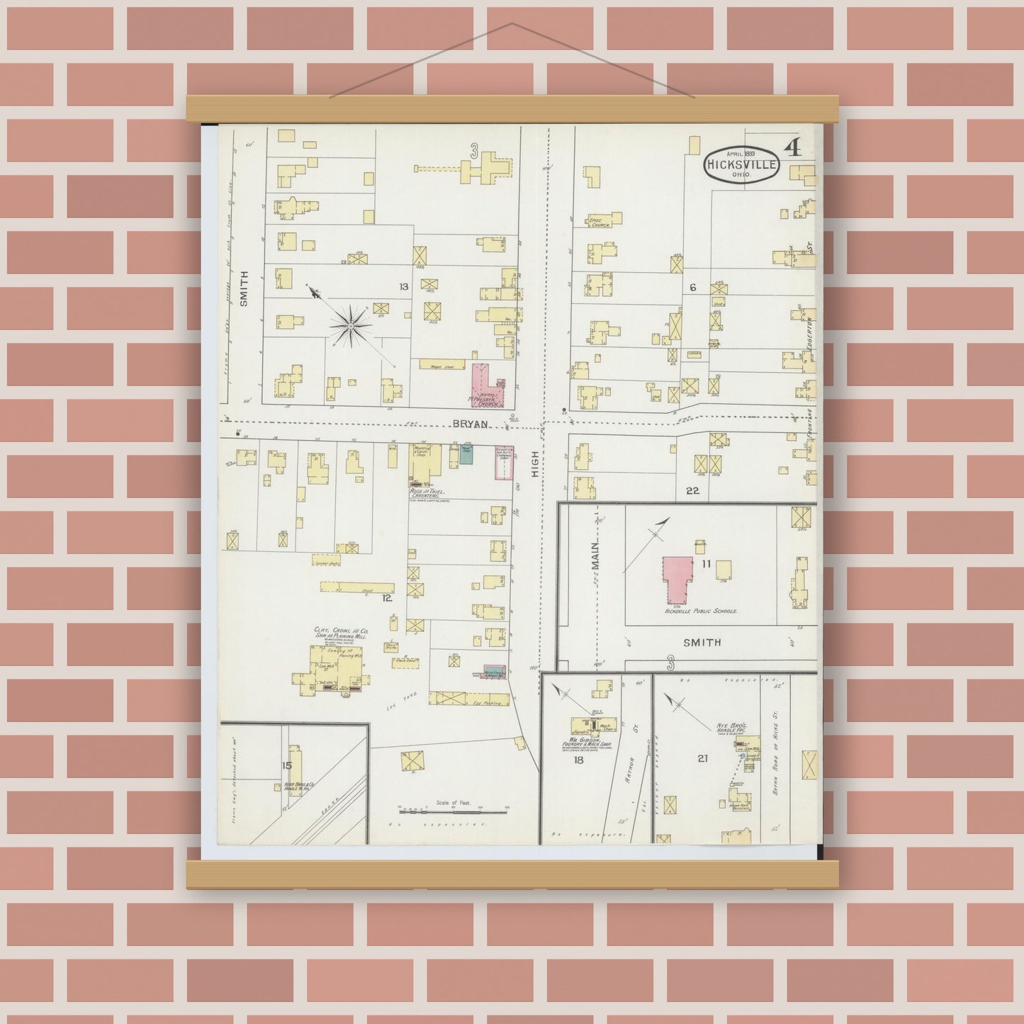 Old map wall art mockup — magnetic wood frame on brick wall — Sanborn Fire Insurance Map from Hicksville, Defiance County, Ohio (1893), Sheet #0004