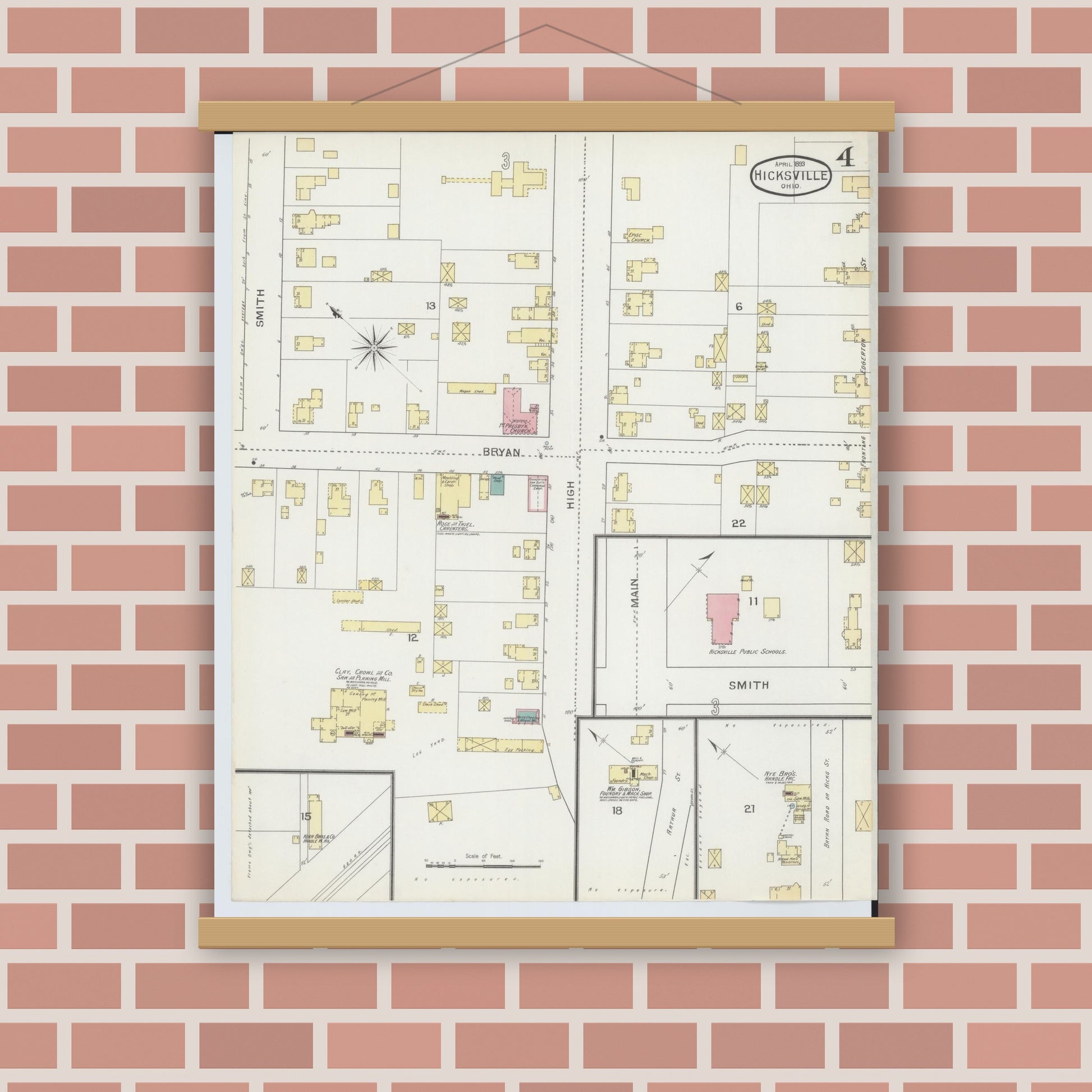 Old map wall art mockup — magnetic wood frame on brick wall — Sanborn Fire Insurance Map from Hicksville, Defiance County, Ohio (1893), Sheet #0004