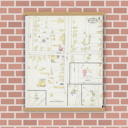 Old map wall art mockup — magnetic wood frame on brick wall — Sanborn Fire Insurance Map from Hicksville, Defiance County, Ohio (1893), Sheet #0004