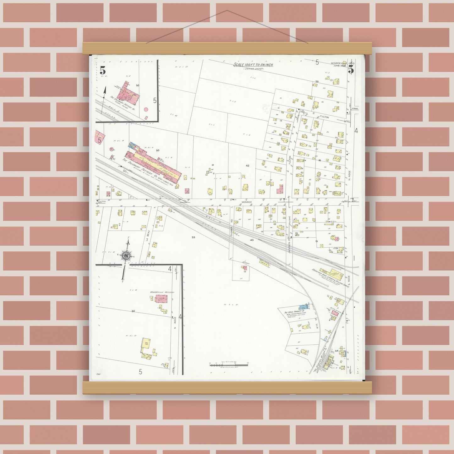 Old map wall art mockup — magnetic wood frame on brick wall — Sanborn Fire Insurance Map from Monroeville, Huron County, Ohio (1939), Sheet #0005